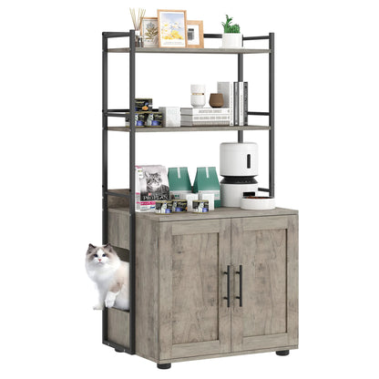 Cat Litter Box Enclosure with 2-Tier Storage Shelves and Doors Hidden Cat Washroom Cabinet Indoor Furniture Fits Most Litter Box