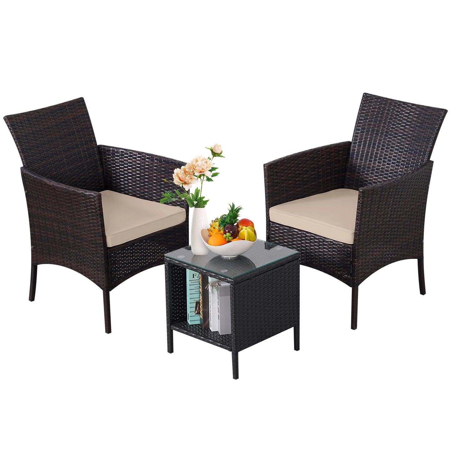 3-Piece Bistro Set Outdoor Patio Furniture Rattan Chairs Table Soft Cmats Tempered Glass Durable Comfortable Garden
