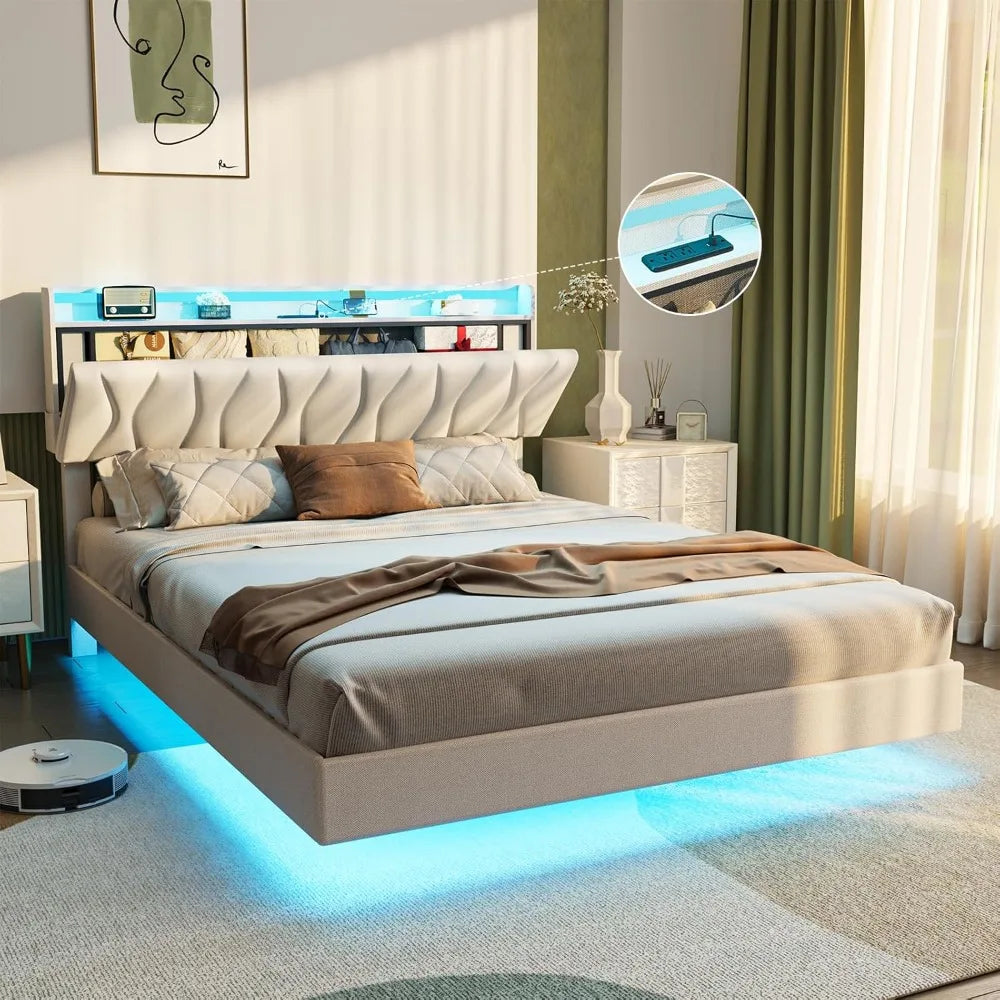 Queen Size Floating Bed Frame with Storage Headboard, Queen Bed Frame with LED Lights, Charging Station, Upholstered Pla