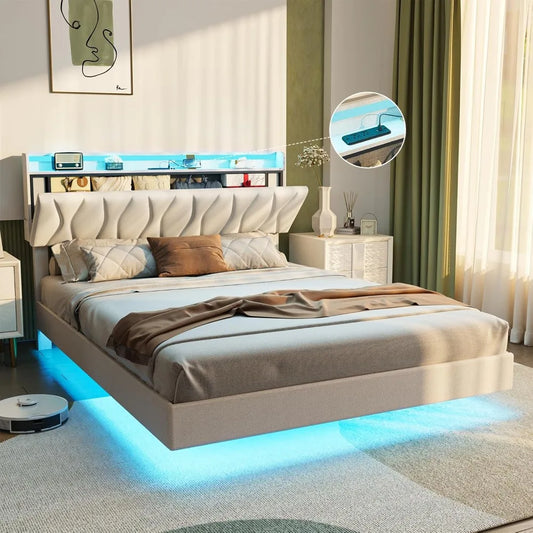 Queen Size Floating Bed Frame with Storage Headboard, Queen Bed Frame with LED Lights, Charging Station, Upholstered Pla