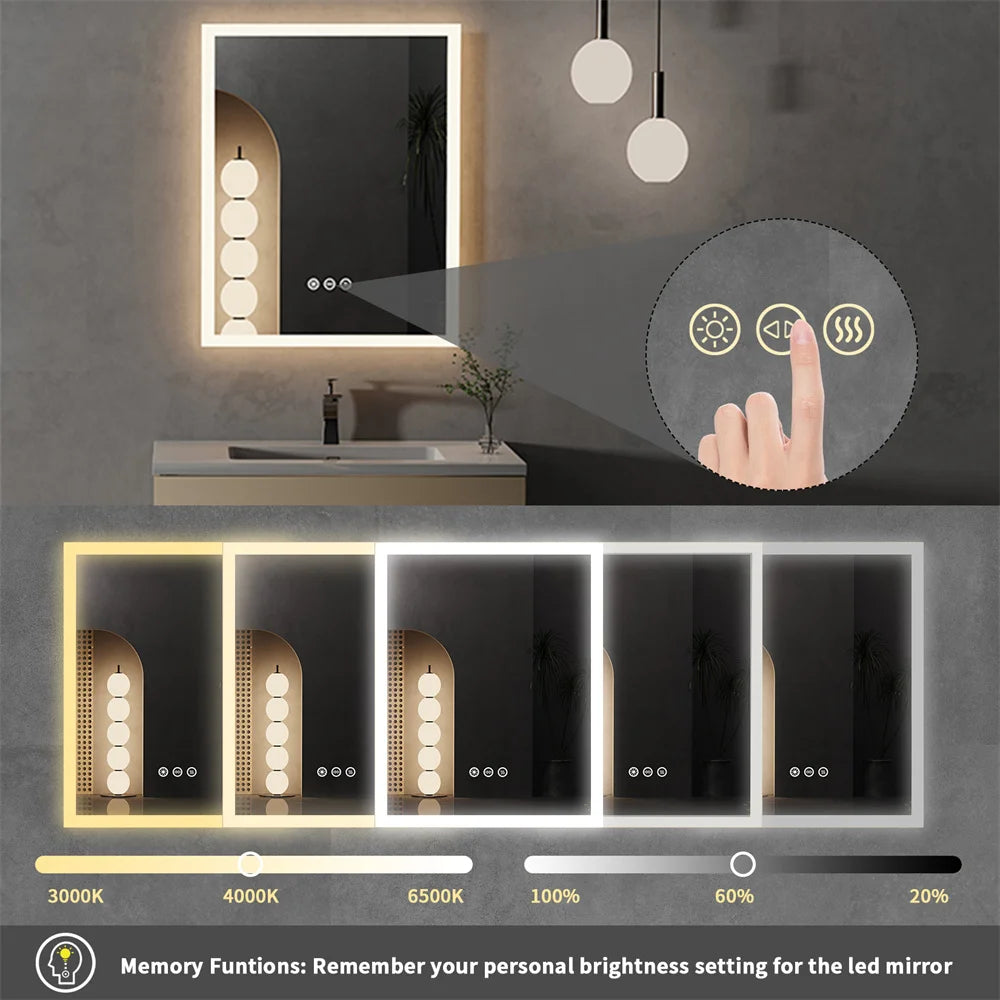 LED Light Bathroom Mirror Wall Mounted Backlit Touch Mirror Dimmable Defog Vanity Makeup Mirror