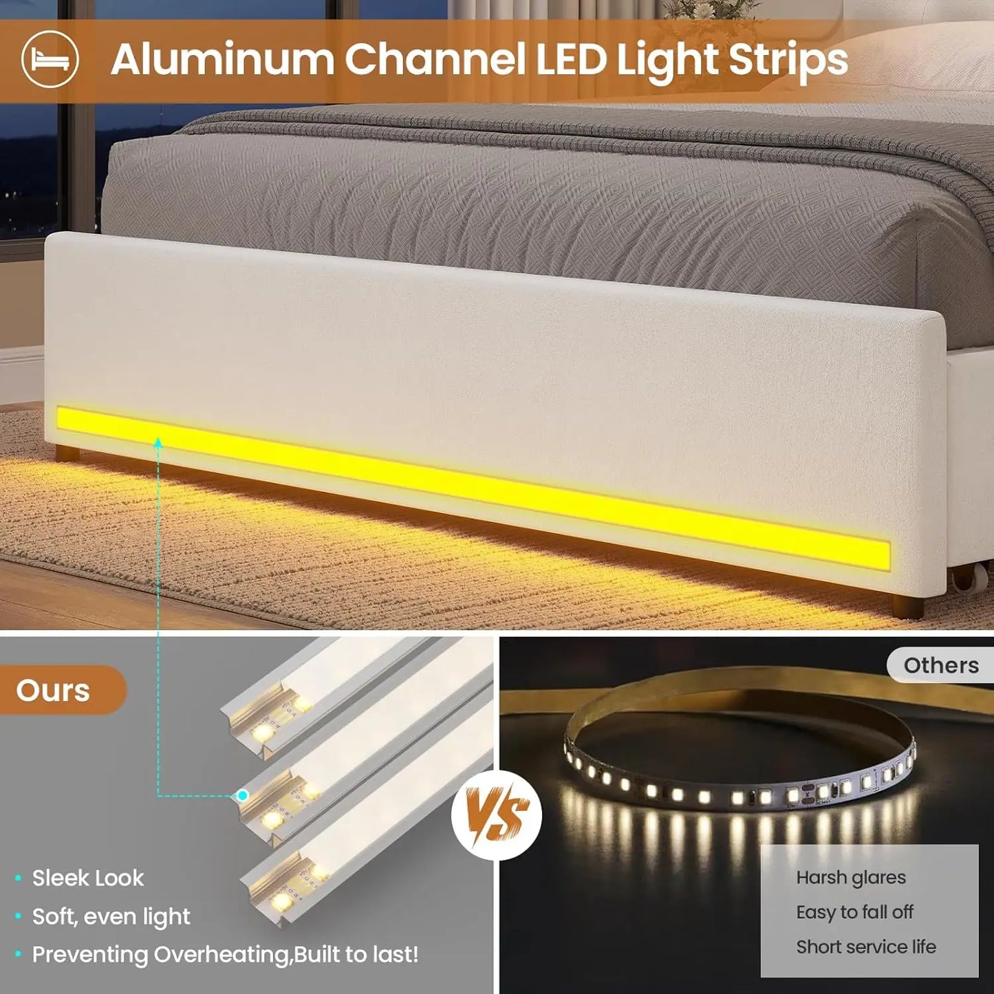 Modern Velvet Platform Bed with LED Lights, Storage Drawers, and Charging Station in Creamy White