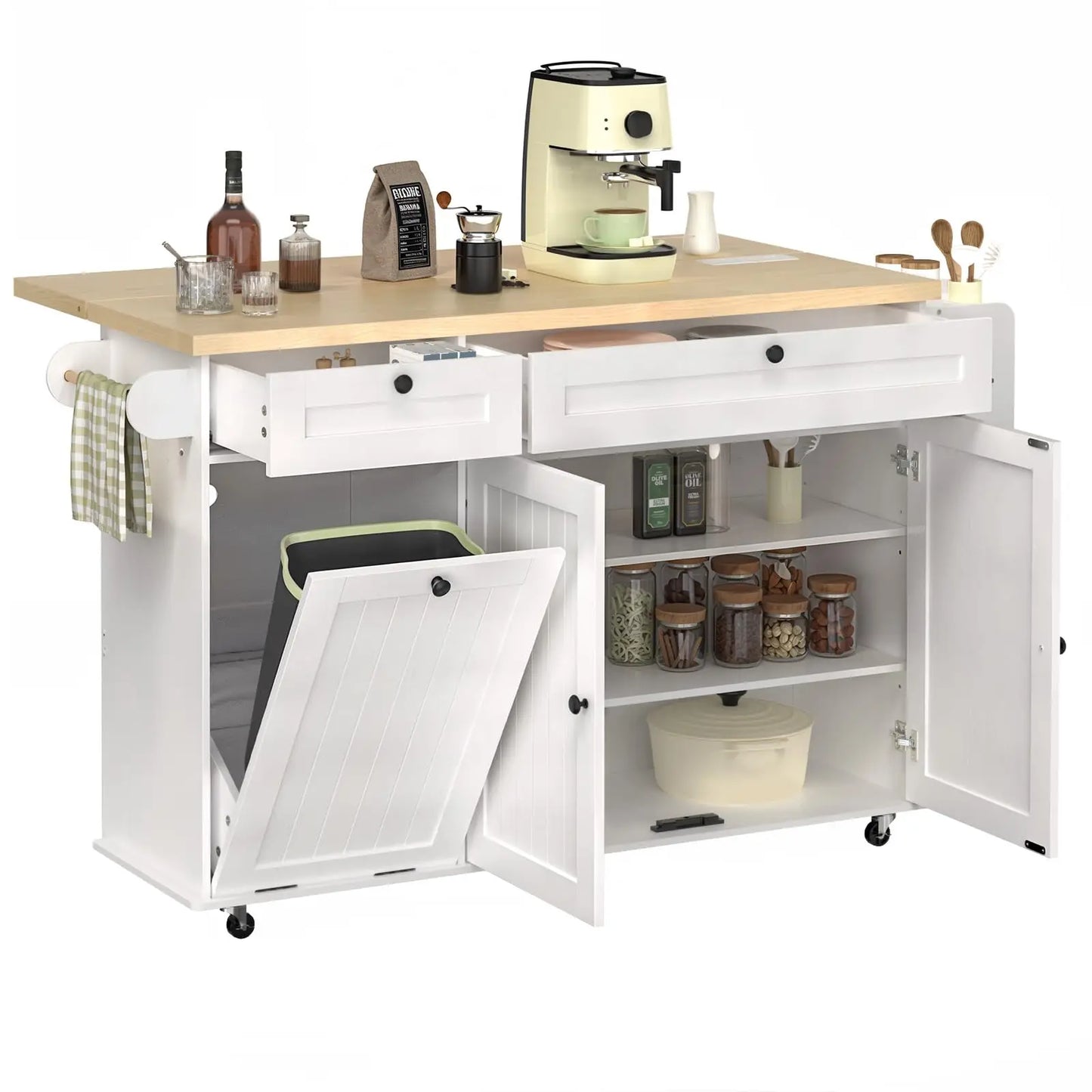 60" Mobile Kitchen Islands Rolling Trolleys Kitchen Island Table Drop Leaf Home Carts with Power Outlet Spice Towel Rack