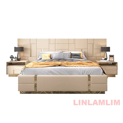 Luxury Modern King Size Bed With Soft Upholstered Headboard And Storage Nightstands - Genuine Leather Bedroom Furnitur