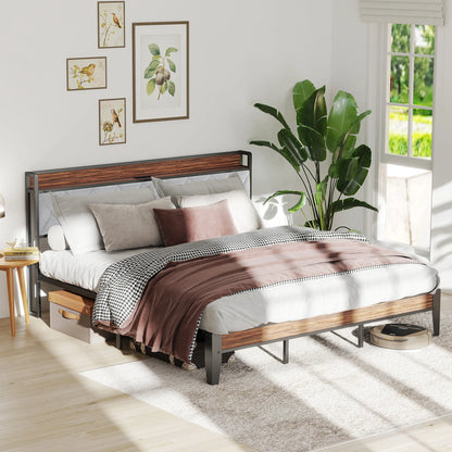 King Size Soft Pack Heavy Duty Metal Bed Frame with Headboard Charging Station 1100lbs Capacity Easy Assembly For Bedroom