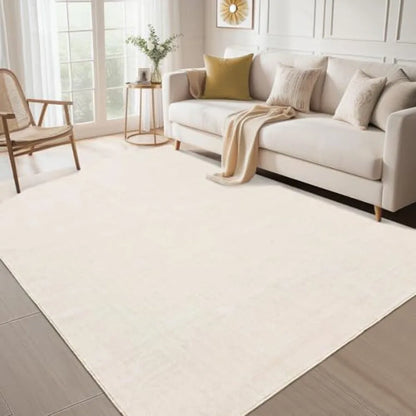 Living room 9x12 washable area rug, faux wool, neutral beige, ultra-soft non-slip non-shedding low-pile modern print carpet for