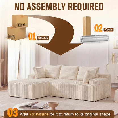 L-Shape Corduroy Sectional Sofa,Cloud-Like Couch,Boneless Couches, No Assembly Required,Deep Seat, for Living Room