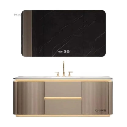Luxury Bathroom Vanity Cabinets Set Modern Slate Single Double Basin Nordic Oak Storage Bathroom Drawer Slab Sink Mirror Cabinet