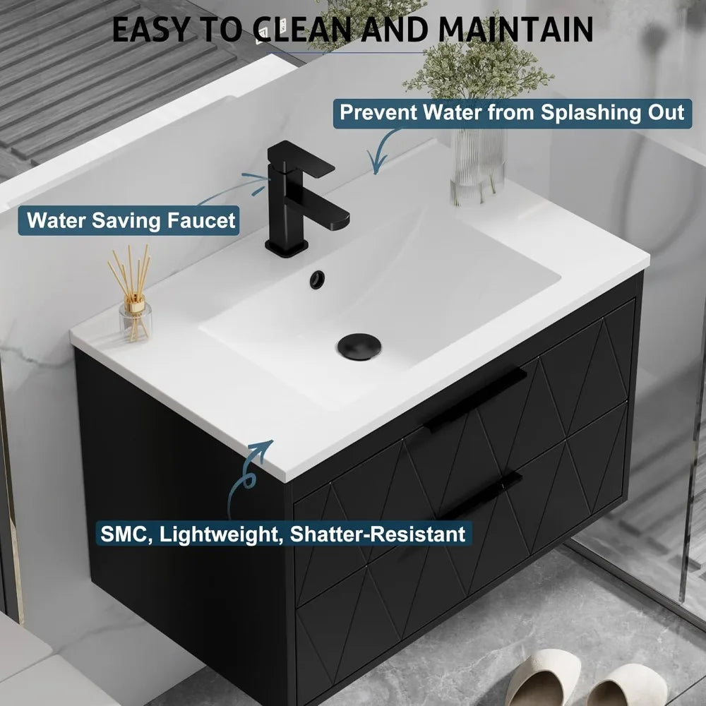 30" Bathroom Vanities Cabinet with Sink Combo, Wall Mounted Floating Cabinet W/Decor Line, Soft-Close System, 2 Extra Big Drawer