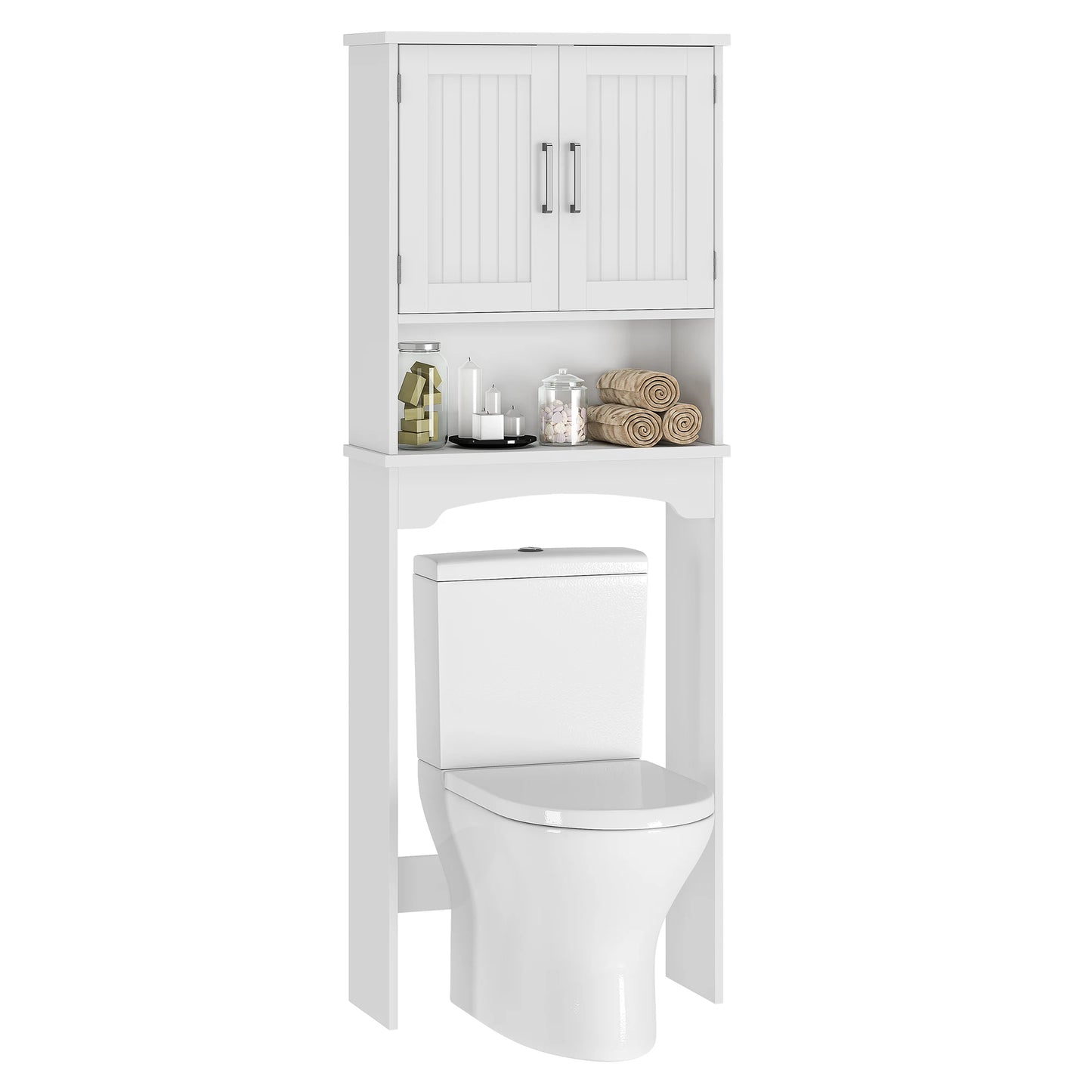 Over The Toilet Storage Cabinet with Double Doors and Anti-Tip Device, Above Toilet Bathroom Organizer with Open Shelf