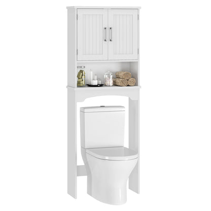 Over The Toilet Storage Cabinet with Double Doors and Anti-Tip Device, Above Toilet Bathroom Organizer with Open Shelf