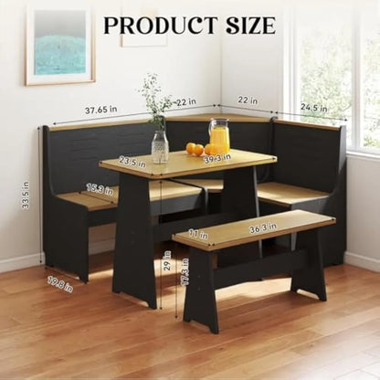 breakfast nook corner dining table kitchen bench chair set, space-saving 3-5 people seat reversible l-shape for family home blac