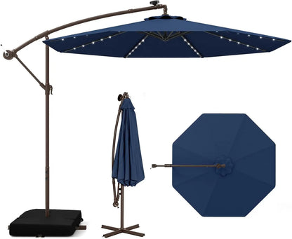 10 Foot Cantilever Patio Umbrella with Solar LED Lights, Tilt and Crank Operation, and Included Base