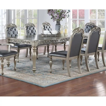 Formal 1pc Dining Table with 2 Leaves, Silver Grey Finish, Antique Design, Rubberwood, Large Family Dining Room Furniture
