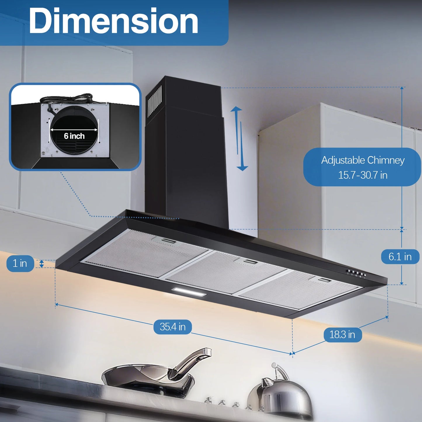 24/36" Black Stainless Steel Range Hood 450 CFM, 3-Speed, LED Light, Under 55dB, Ducted/Ductless 120V