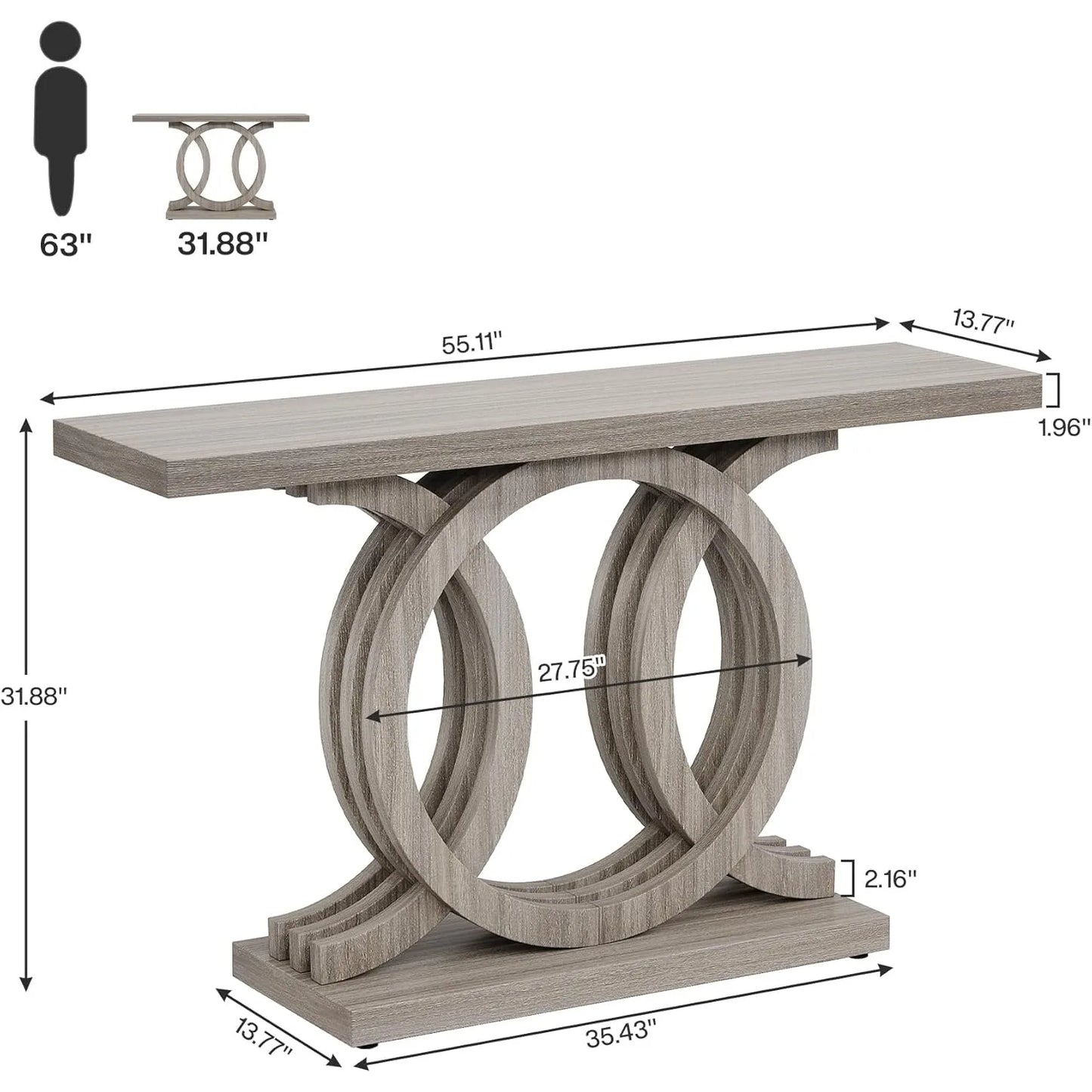 55-Inch Console Table with Geometric Wood Base,Modern Entryway Table with Thick Tabletop for Living Room, Hallway, Foyer (Gray)