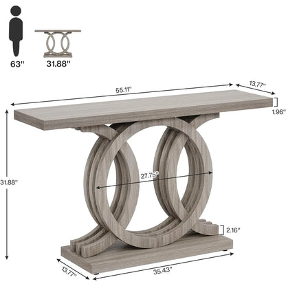 55-Inch Console Table with Geometric Wood Base,Modern Entryway Table with Thick Tabletop for Living Room, Hallway, Foyer (Gray)