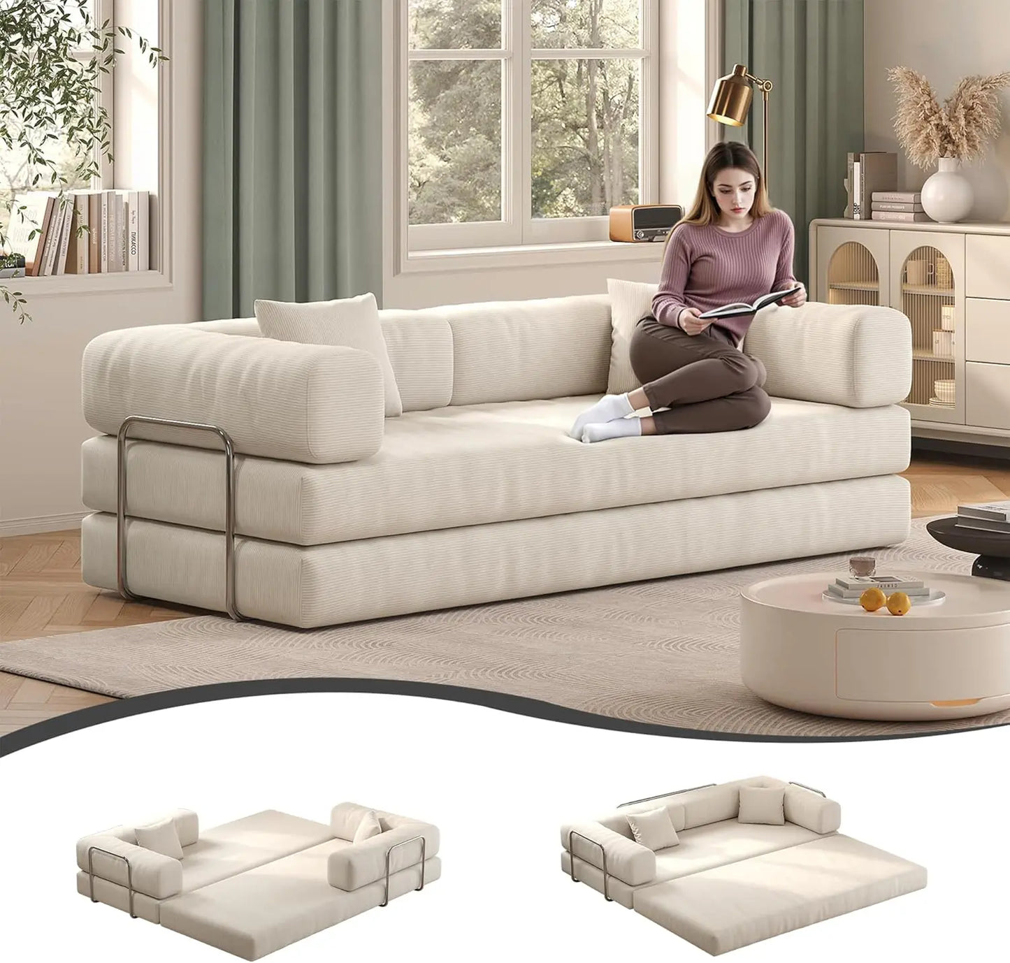 79" Convertible Sofa Bed with Pillows, Corduroy Folding Sleeper Sofa with Fixed-Shape Frame, Boneless Couch for Living Room