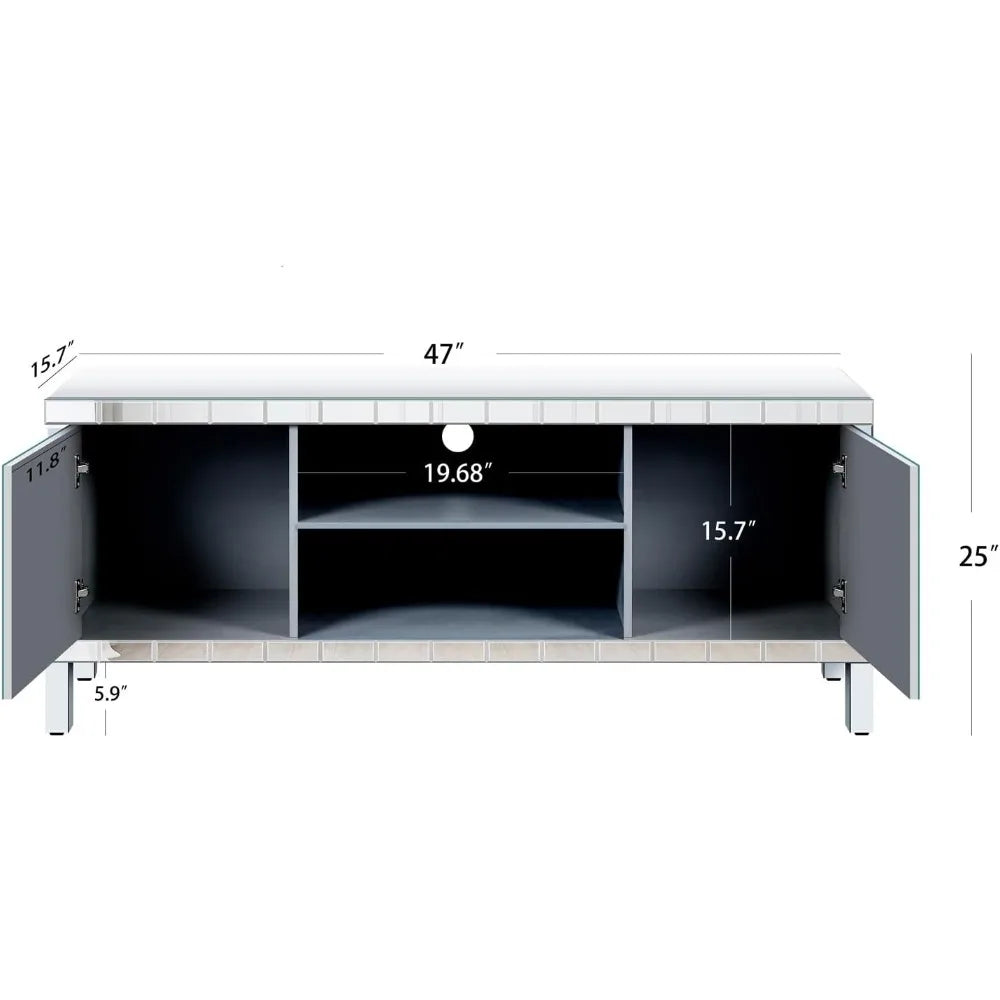47in Elegant Mirrored TV Stand for TVs Up to 50 Inch, Modern Entertainment Center for Living Room Bedroom, Sliver Sparkling Mirr