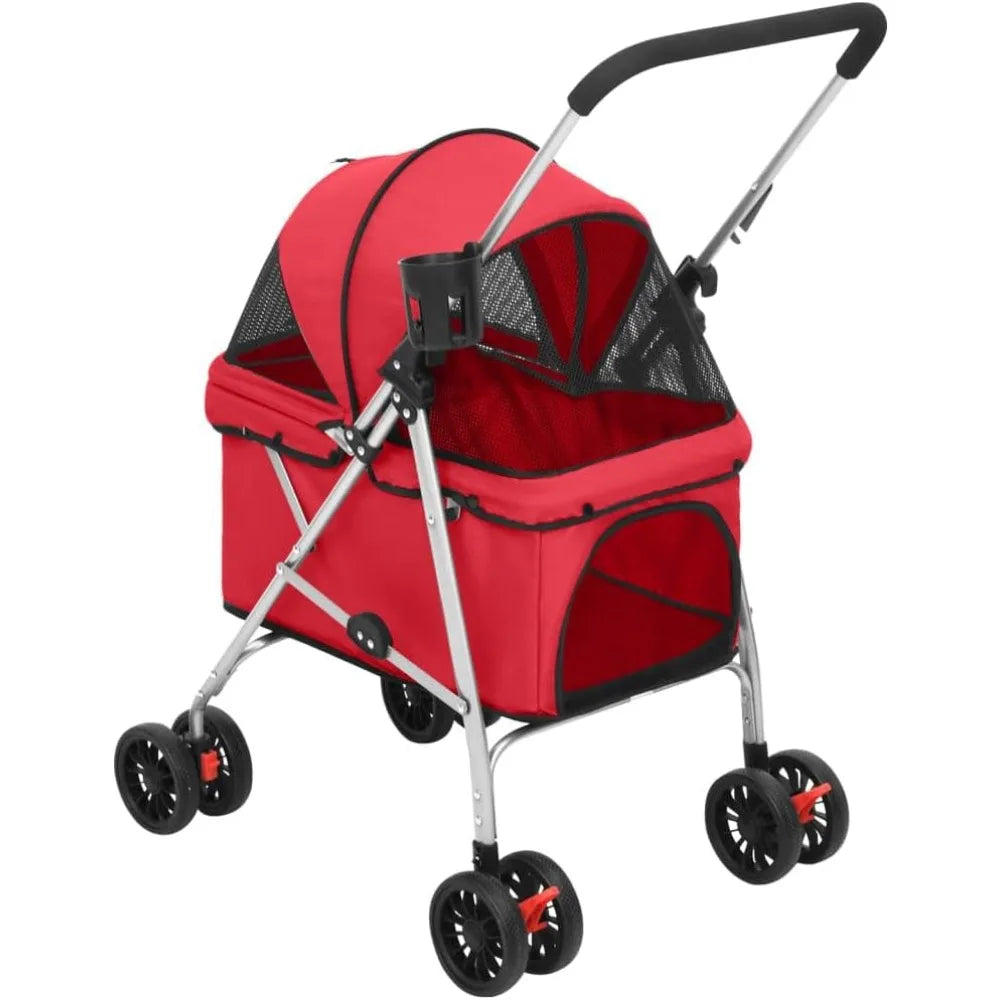 Folding Dog Stroller For Small To Medium Pets Red With UV Protection And Breathable Oxford Fabric