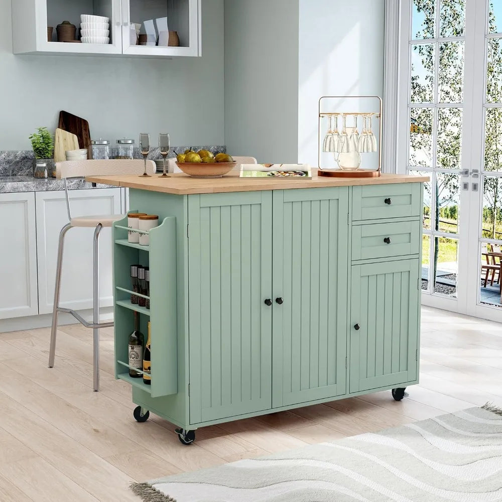 Sage Green Kitchen Island with Storage and Drop-Leaf Countertop on Wheels