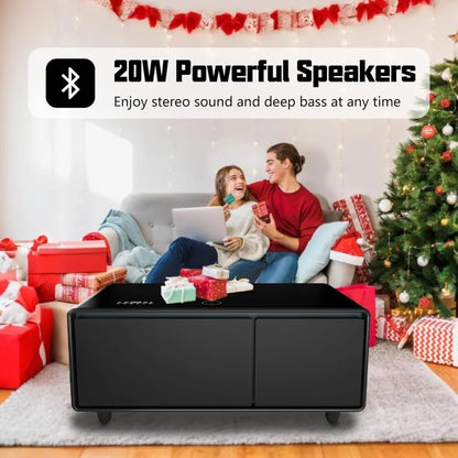 Smart Coffee Table, Living Room Table with Built in Fridge, 23" D x 41.5" W x 18.2" H, 15W Wireless Charging, USB Chargers