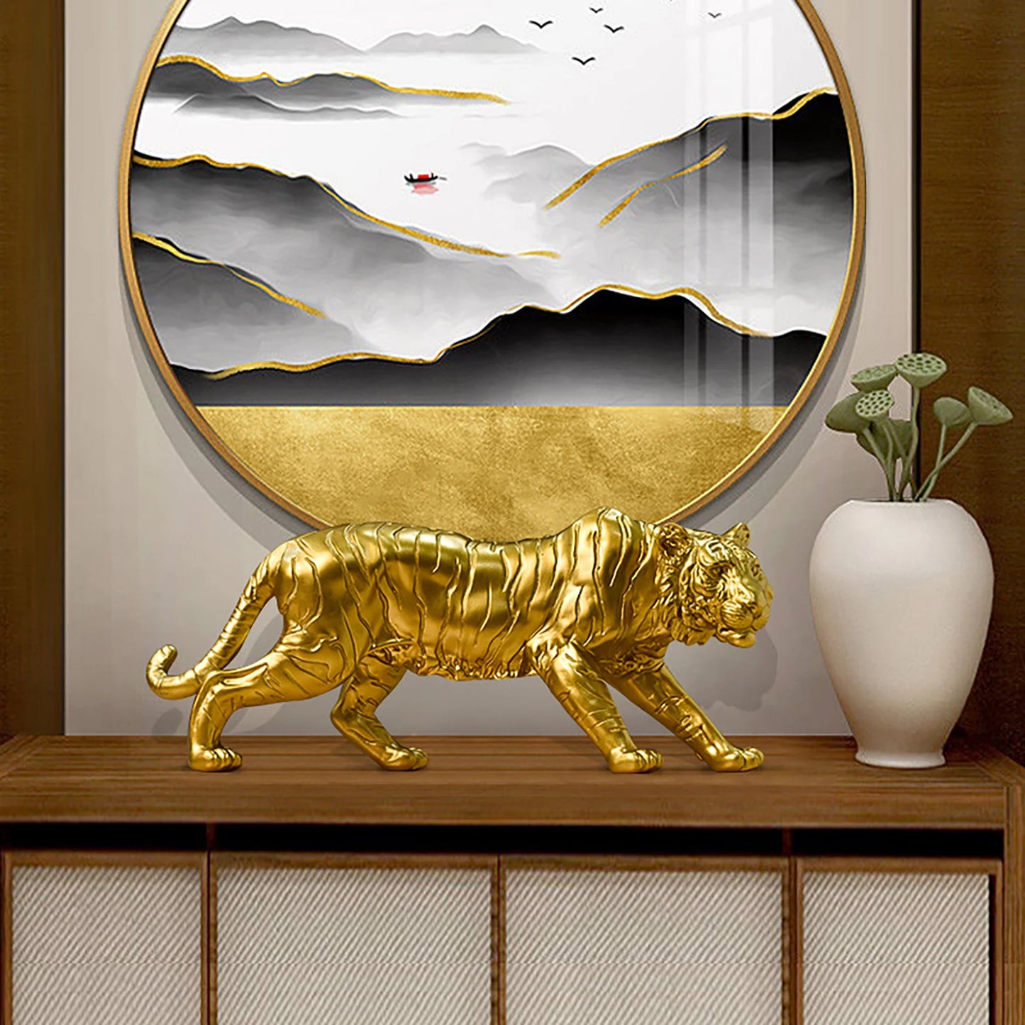Resin Desktop Tiger Statue Crafts Ornaments Gold American Tiger Sculpture Christmas Gift Collectibles for Home Living Room Decor