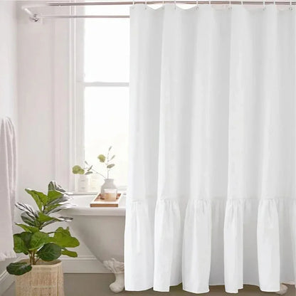 Cotton Linen Plain Shower Curtain with 12 Hooks Waterproof Floral Falbala Ruffle Edge Frill Scalloped Hem Decor Bathroom