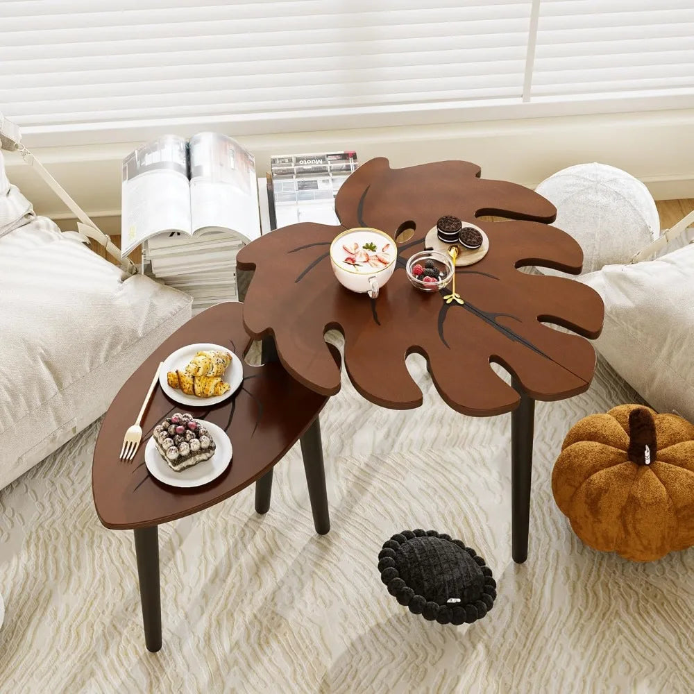 Leaf Nesting Tables Set of 2, Modern Wooden Coffee Side Tables for Living Room Bedroom