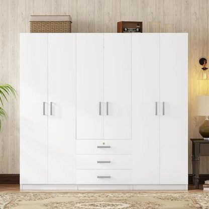 Large Wardrobe Closet 6 Doors, 70.9" W Wooden Wardrobe Cabinet with Big Drawers, Bedroom Armoire Dresser Wardrobe Clothes Organi