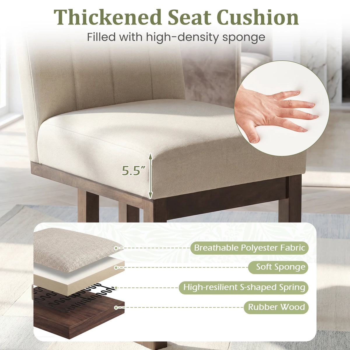 2PCS Wooden Dining Chairs Modern Farmhouse Fabric Upholstered Kitchen Chairs