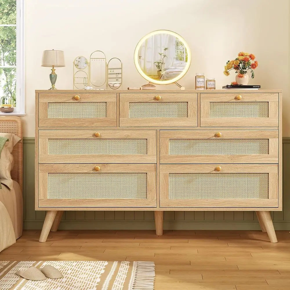 47.2''Wide 7 Der Rattan Drer, Wood Drers TV Stand, Boho Drers & Chests o Ders or Bedroom, Entryway, Natural