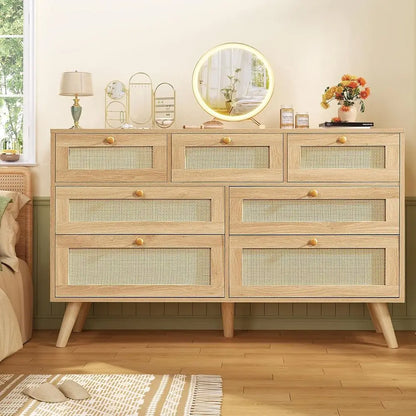 47.2''Wide 7 Der Rattan Drer, Wood Drers TV Stand, Boho Drers & Chests o Ders or Bedroom, Entryway, Natural