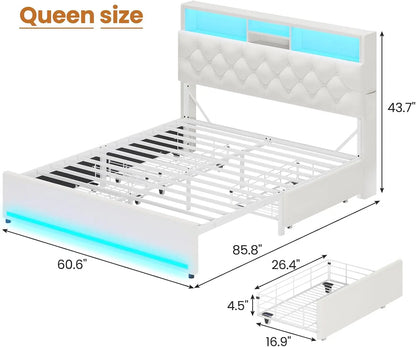 Modern Velvet Platform Bed with LED Lights, Storage Drawers, and Charging Station in Creamy White