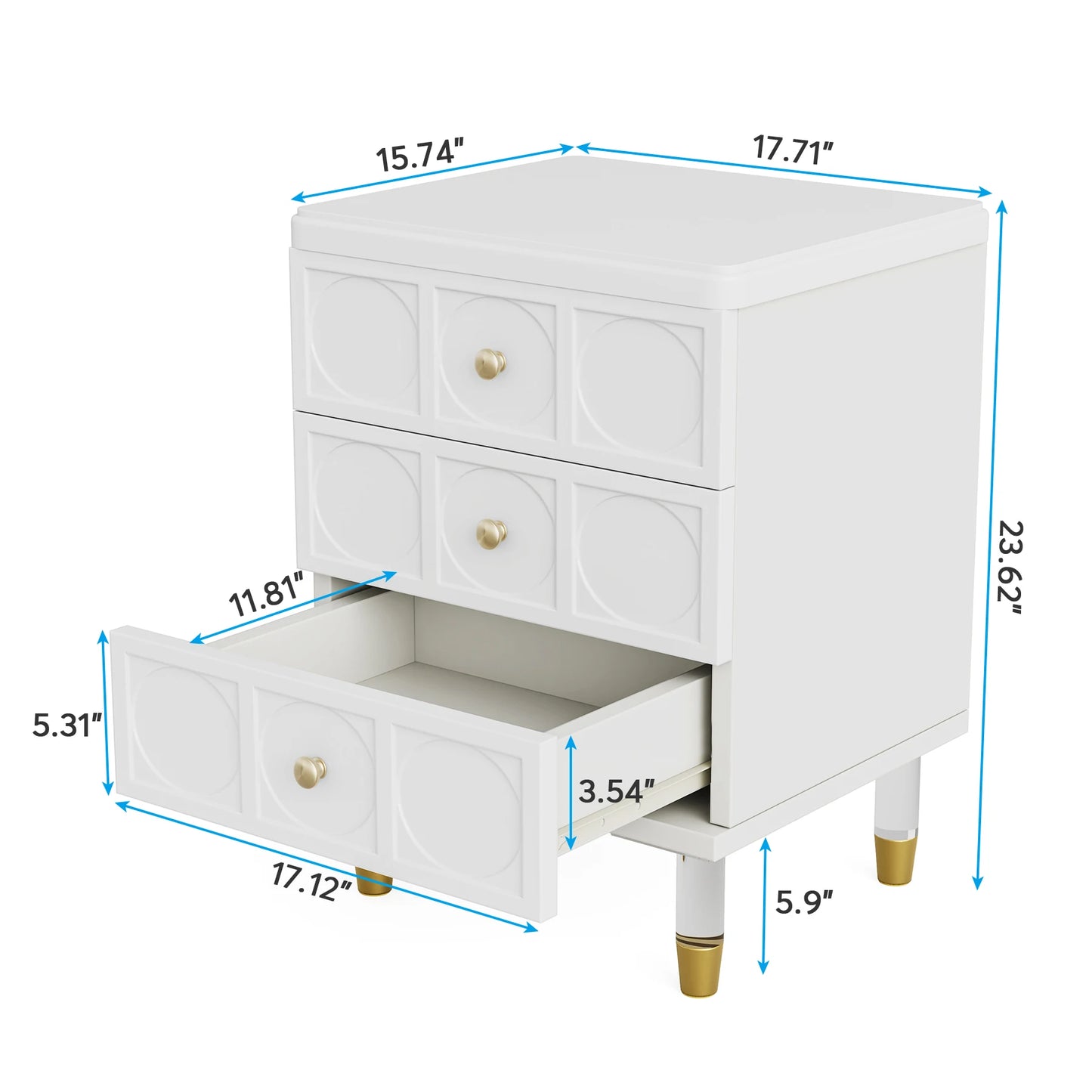 3-Drawer Nightstand Tall White and Gold Bedside Table with Drawers, Versatile Modern White Night Stand with Storage