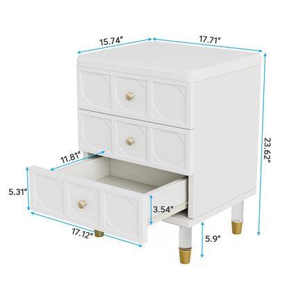 3-Drawer Nightstand Tall White and Gold Bedside Table with Drawers, Versatile Modern White Night Stand with Storage