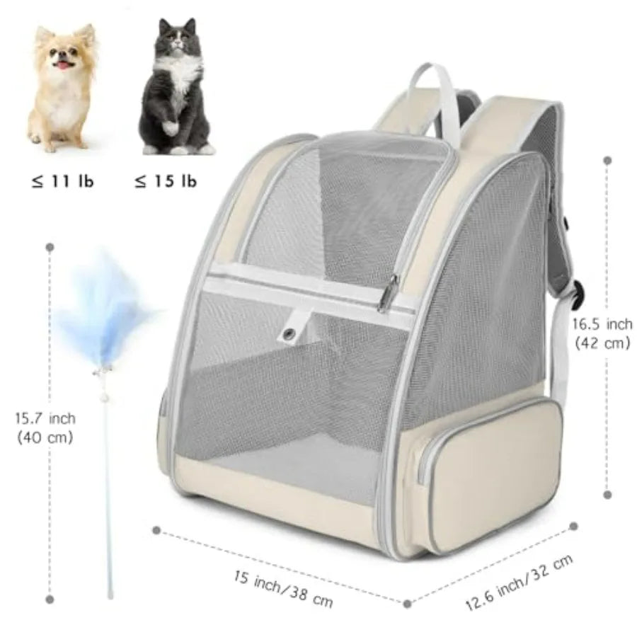Cat Backpack Carrier, Large Pet Carrier Backpack with Kitten Wand Feather Toy for Medium Small Dog Cat Puppy Kitty Bunny up to