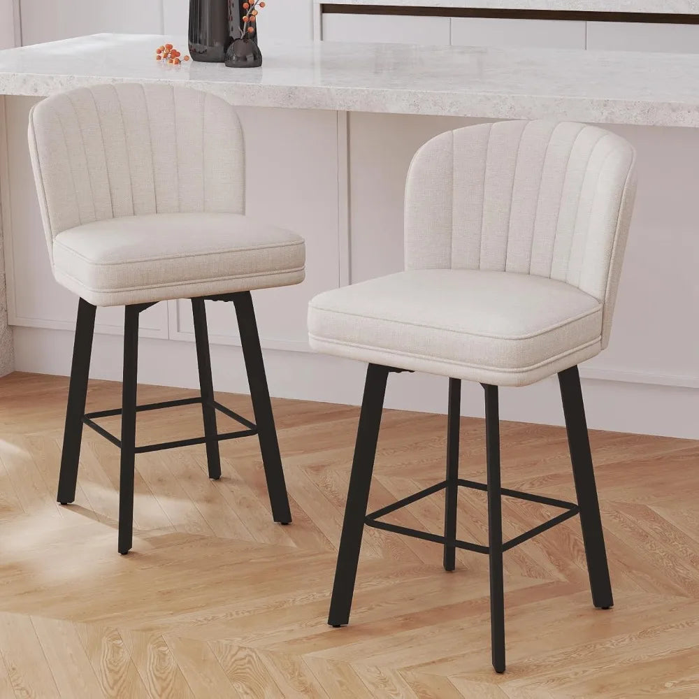 Swivel Counter Height Bar Stools Set of 2, 26'' Modern Barstools with Backs and Metal Legs, Upholstered Bar Chairs, Beige, Fabri