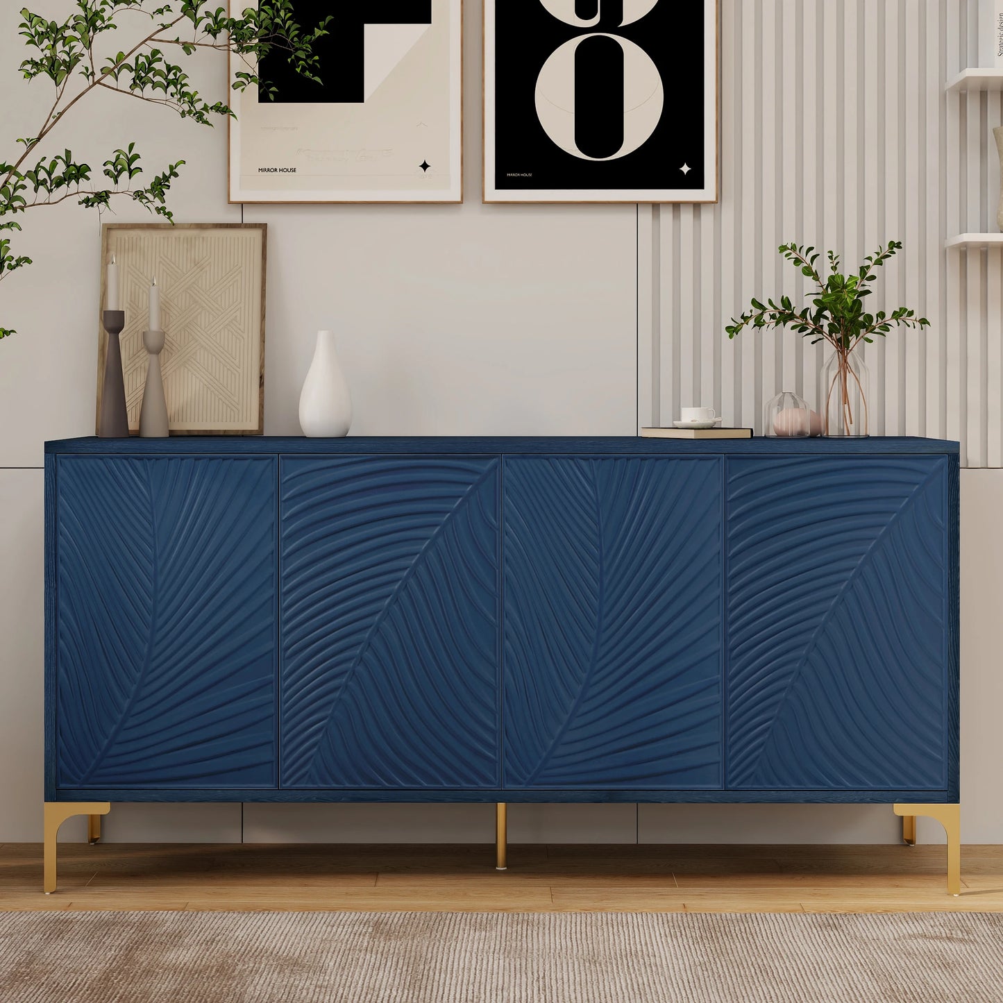 Modern 4-door Sideboard with Creative carved and shaped surface and Adjustable Shelves, Suitable for Study, Living Room