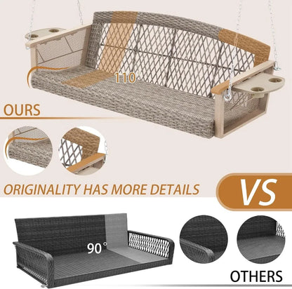 3-Person Wicker Porch Swing with Upgraded Cup Holder, 55 Inch Patio Hanging Swing Bench Chair with Cushions 900lbs Capacity