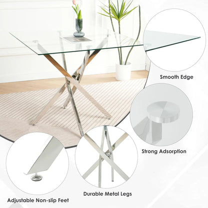 5 Piece Silver Luxury Glass Dining Set, Modern Minimalist  Table Set for 4, 36'' Clear Square Glass Top Dining Room Set