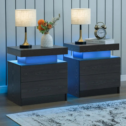 Nightstand Set of 2 LED Nightstand with 2 Drawers,Night Stand  with LED Light,Bedside Table with Drawers for Bedroom