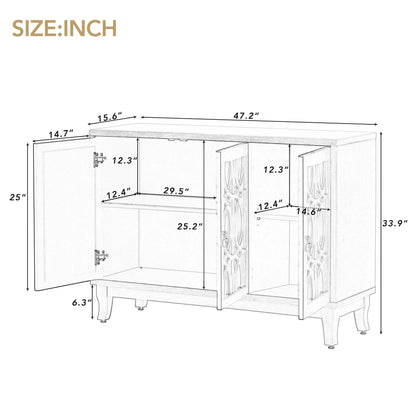 Sideboard with Glass Doors, 3 Door Mirrored Buffet Cabinet with Silver Handle for Living Room, Hallway, Dining Room (Black)