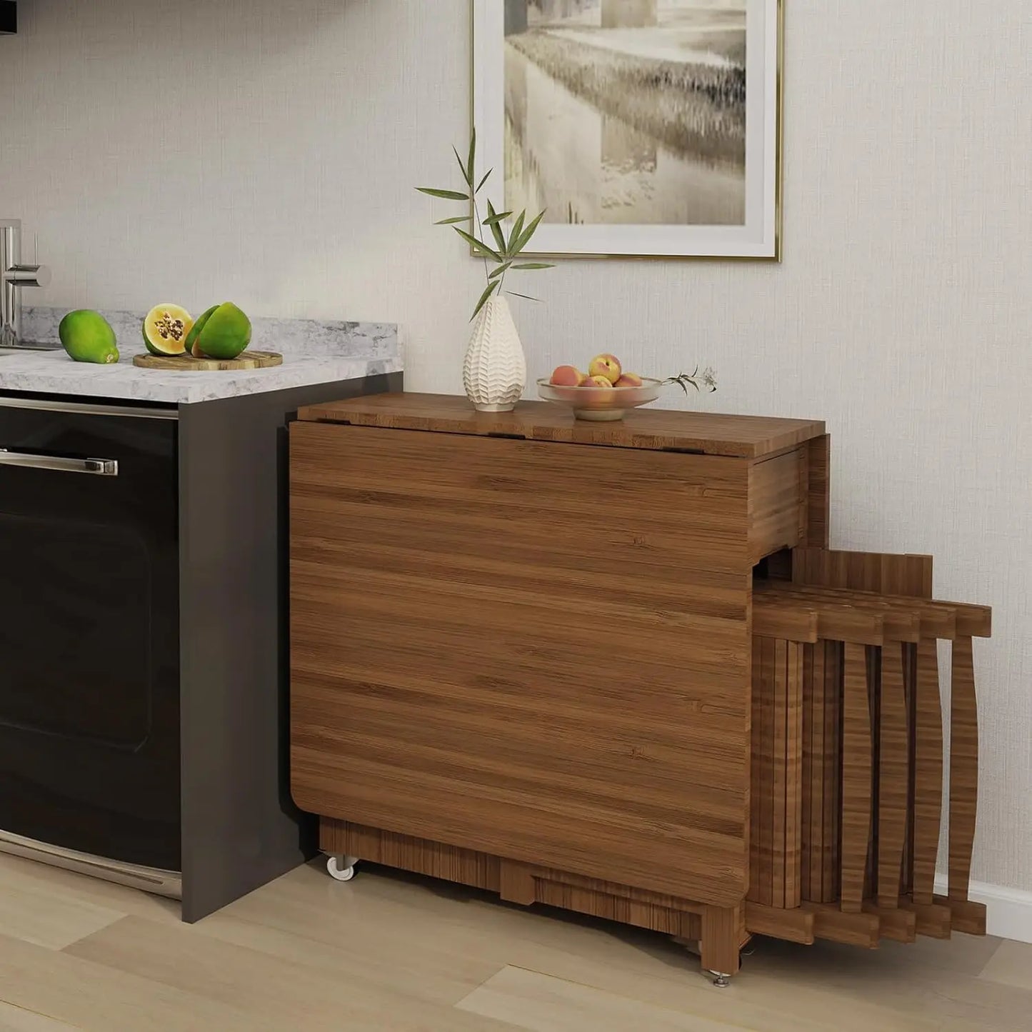 Folding Dining Table Set for 4, Bamboo Foldable Kitchen Dinning Set with Chairs, Double Drop Leaf Devise, Inside of Dinner