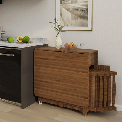 Folding Dining Table Set for 4, Bamboo Foldable Kitchen Dinning Set with Chairs, Double Drop Leaf Devise, Inside of Dinner