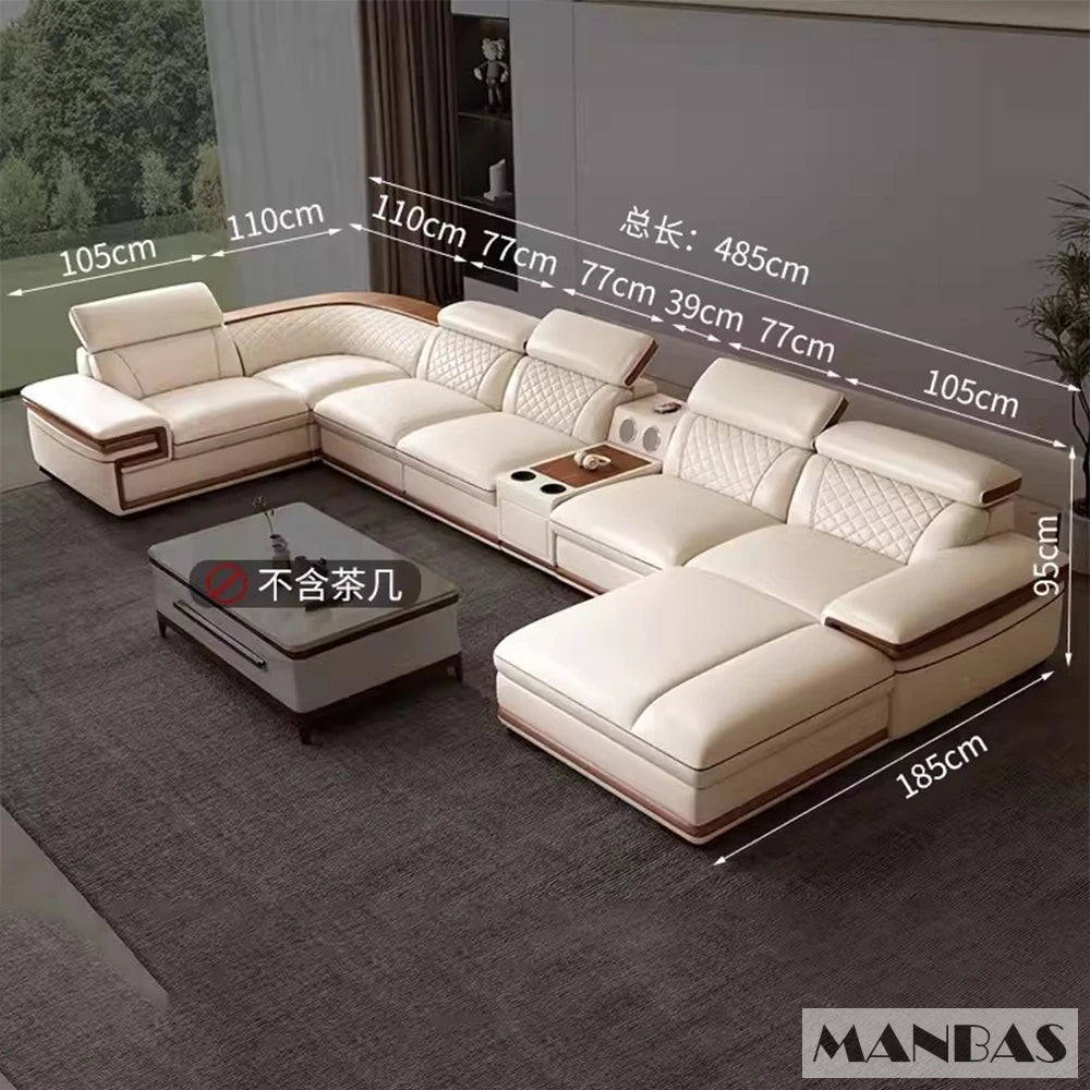 Premium Italian Genuine Leather Sofa Set for Living Room with Adjustable Headrests, Bluetooth Speaker, Wireless Charge
