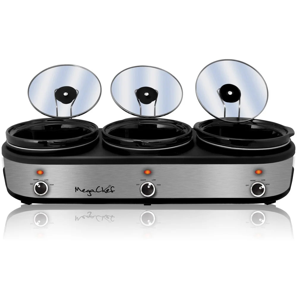 3 Pot 2.5 Qt Slow Cooker Buffet Server with Individual Temperature Control Detachable Lid Rests Anti Slip Feet