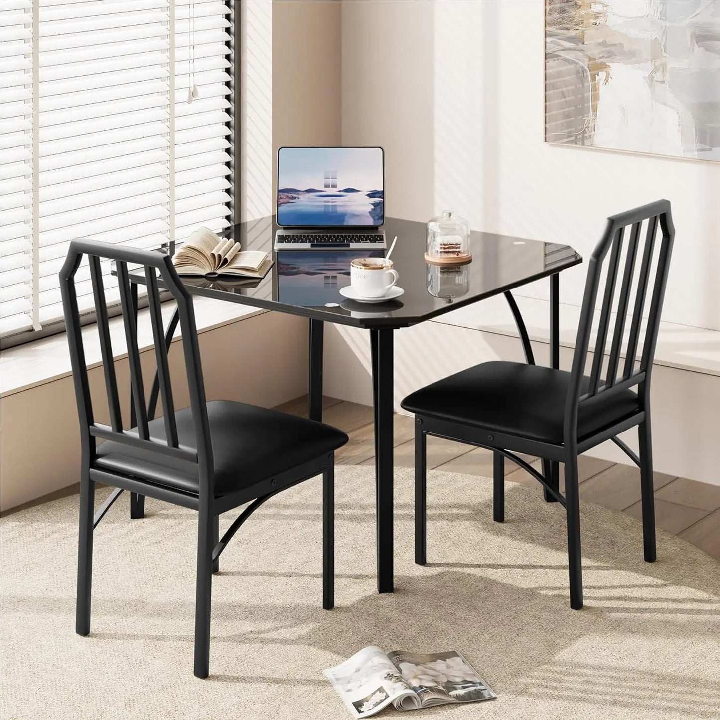 Glass Dining Table Set for 2 Kitchen Table and Chairs for 2 with Padded Seats 3 Piece Dining Room Table Set for Home Kitchen