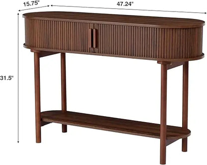 Fluted Console Table Modern Entryway Table with Tambour Sliding Door 2 Tier Sofa Table with Storage Side Table Behind Couch in L