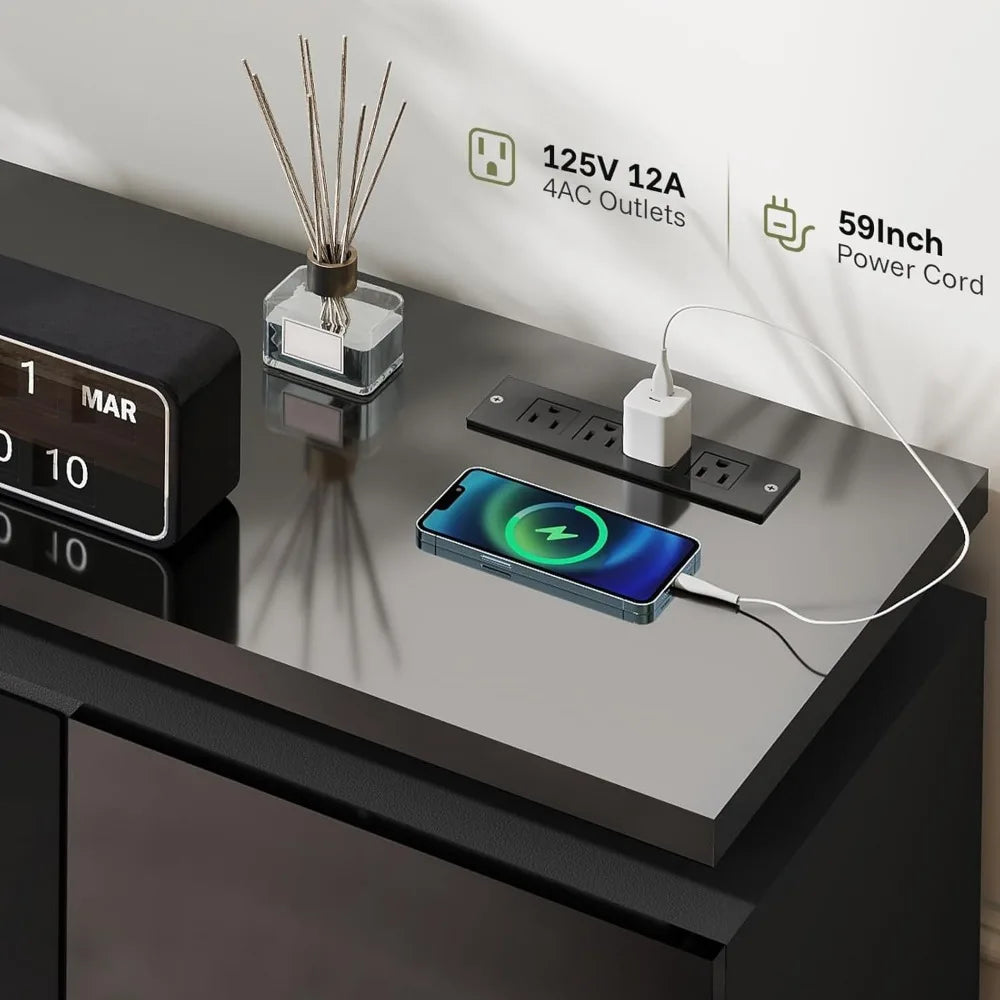 Fireplace TV-Stand for 85 inch TVs - TV-Stand with 40" Fireplace - Entertainment Center with 2 RGB LED Lights and 4 AC Power